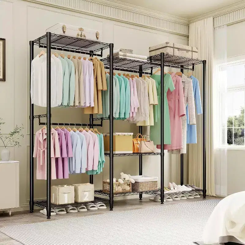 Heavy Duty Freestanding Garment Rack,3-Tier Portable Closet Organizer,Adjustable Shelves & Hanging Rods,Large Capacity Metal Clothing Storage
