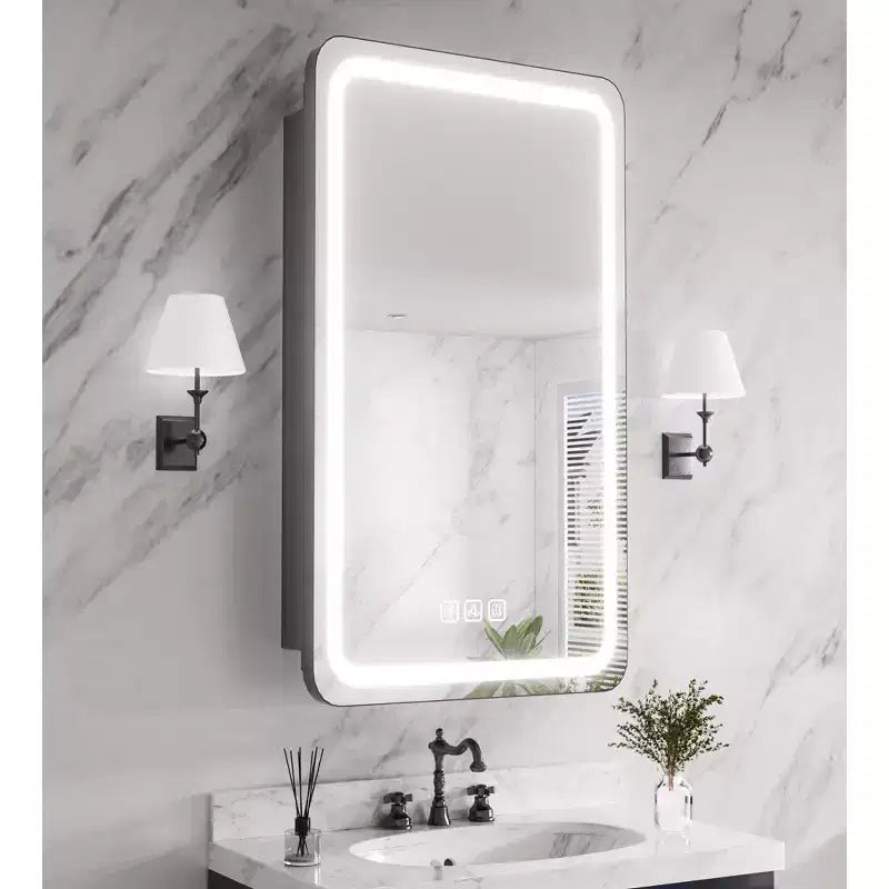 FAMYYT 16 in. W x 28 in. H Rectangular Iron Medicine Cabinet with Mirror, Dimmable LED Light, Anti-Fog and Outlets - Fully Assembled