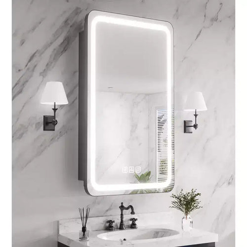 FAMYYT 16 in. W x 28 in. H Rectangular Iron Medicine Cabinet with Mirror, Dimmable LED Light, Anti-Fog and Outlets - Fully Assembled