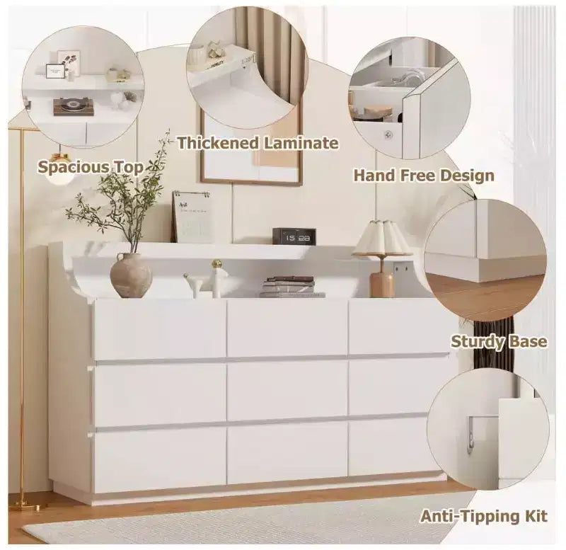 Commode en bois 59" avec 9 tiroirs – Meuble de rangement moderne pour chambre, salon, couloir et entrée