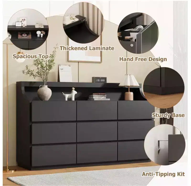 Commode en bois 59" avec 9 tiroirs – Meuble de rangement moderne pour chambre, salon, couloir et entrée