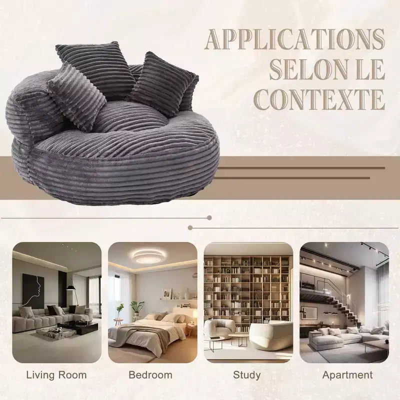 Canapé poire pour adultes et enfants, grand fauteuil poire en velours côtelé avec 3 oreillers et accoudoirs pour salon et chambre à coucher