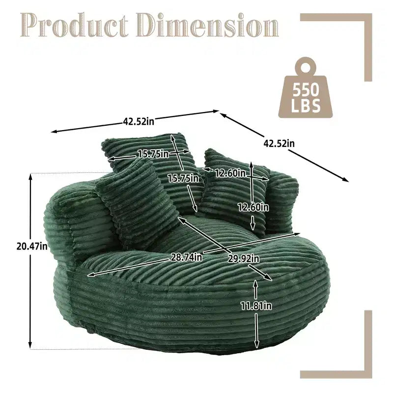 Canapé poire pour adultes et enfants, grand fauteuil poire en velours côtelé avec 3 oreillers et accoudoirs pour salon et chambre à coucher