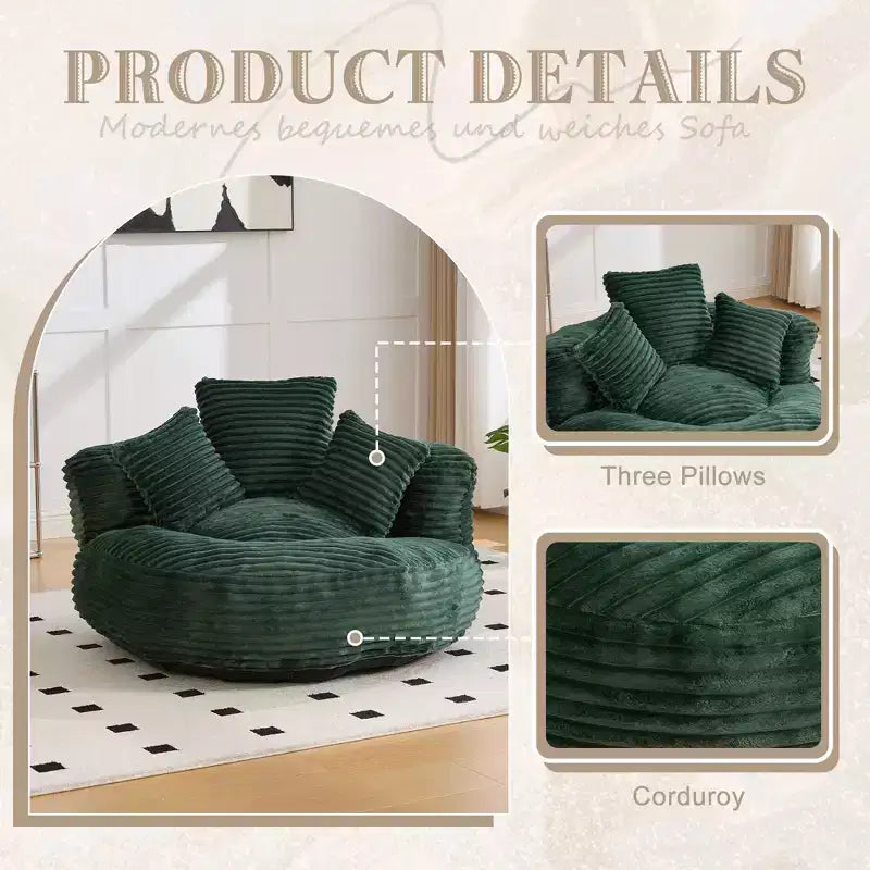 Canapé poire pour adultes et enfants, grand fauteuil poire en velours côtelé avec 3 oreillers et accoudoirs pour salon et chambre à coucher