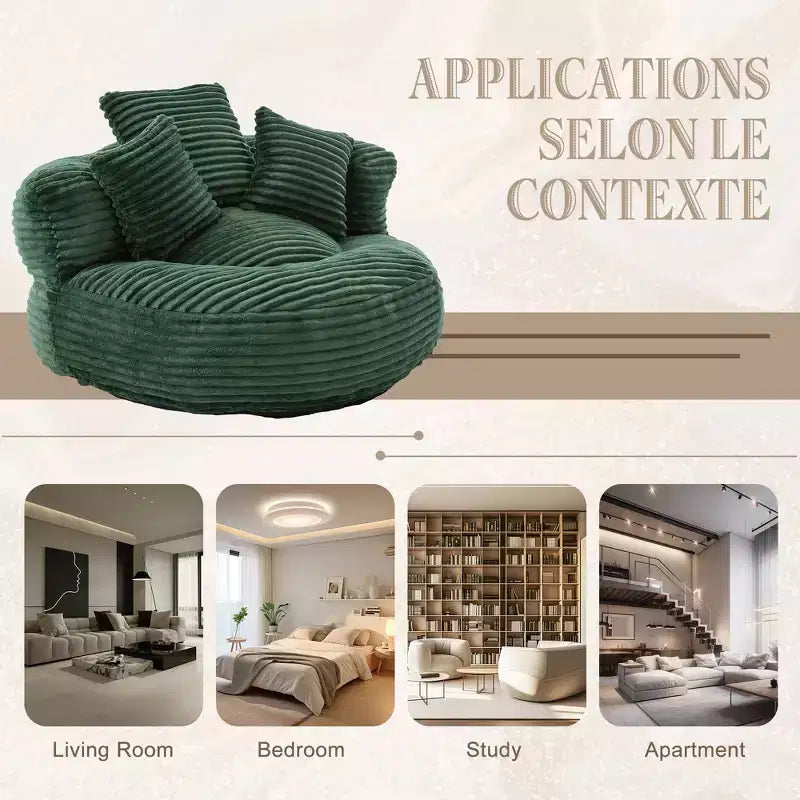 Canapé poire pour adultes et enfants, grand fauteuil poire en velours côtelé avec 3 oreillers et accoudoirs pour salon et chambre à coucher