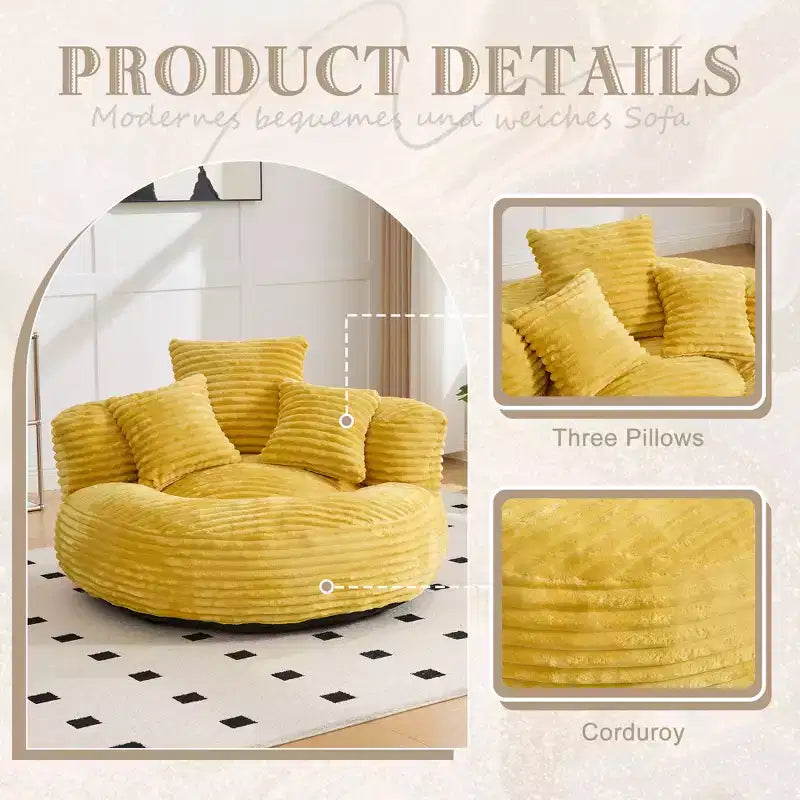 Canapé poire pour adultes et enfants, grand fauteuil poire en velours côtelé avec 3 oreillers et accoudoirs pour salon et chambre à coucher