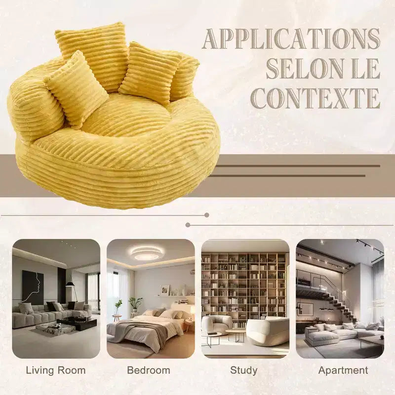 Canapé poire pour adultes et enfants, grand fauteuil poire en velours côtelé avec 3 oreillers et accoudoirs pour salon et chambre à coucher