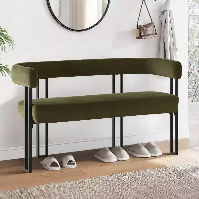 Banc moderne de 124 cm avec dossier et accoudoirs, banc de salle à manger élégant, causeuse avec cadre en métal, siège d'appoint pour salon