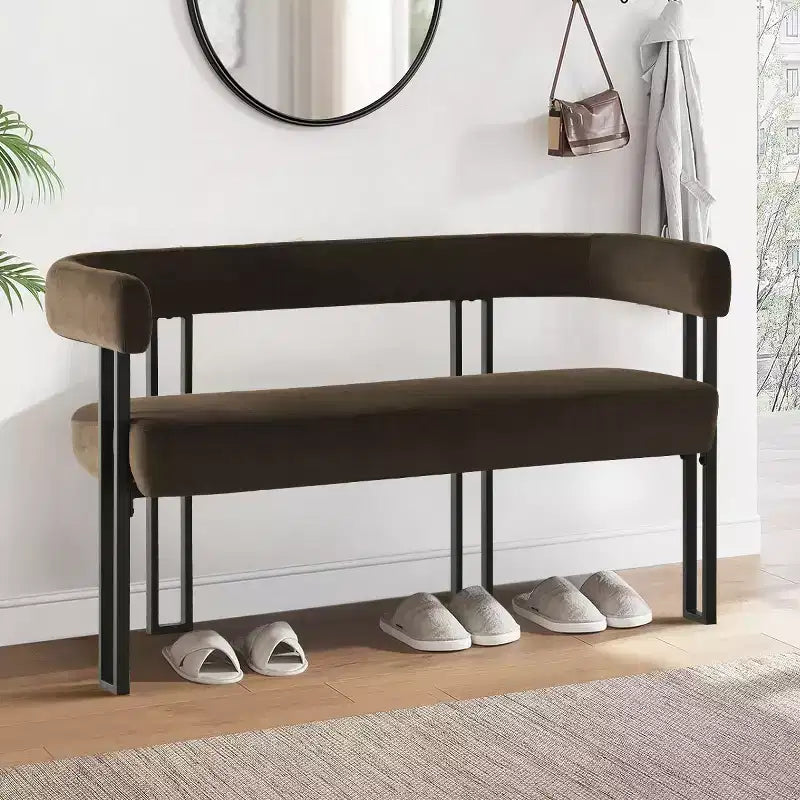 Banc moderne de 124 cm avec dossier et accoudoirs, banc de salle à manger élégant, causeuse avec cadre en métal, siège d'appoint pour salon