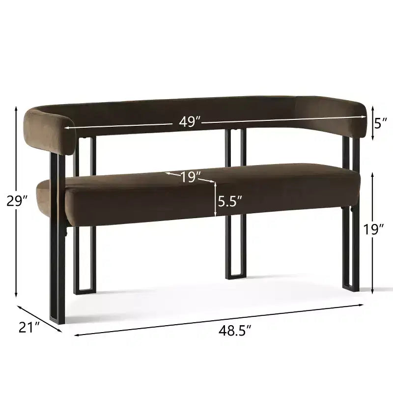 Banc moderne de 124 cm avec dossier et accoudoirs, banc de salle à manger élégant, causeuse avec cadre en métal, siège d'appoint pour salon