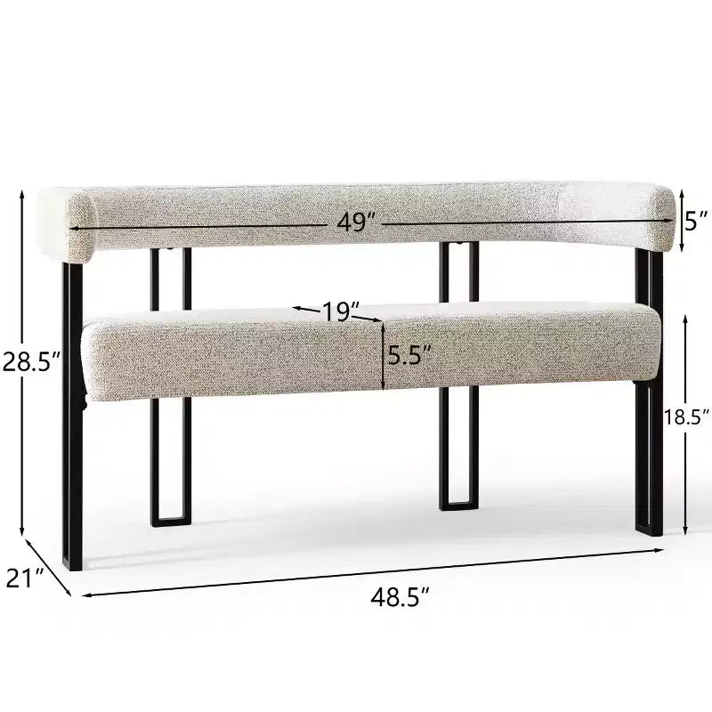 Banc moderne de 124 cm avec dossier et accoudoirs, banc de salle à manger élégant, causeuse avec cadre en métal, siège d'appoint pour salon