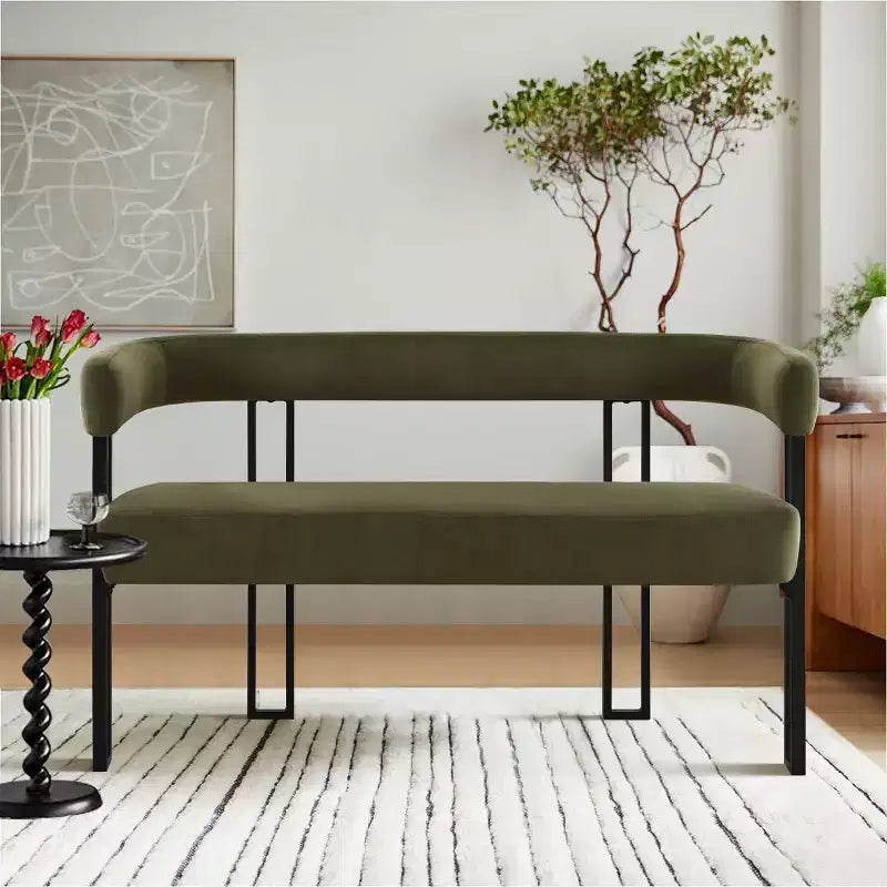 Banc moderne de 124 cm avec dossier et accoudoirs, banc de salle à manger élégant, causeuse avec cadre en métal, siège d'appoint pour salon