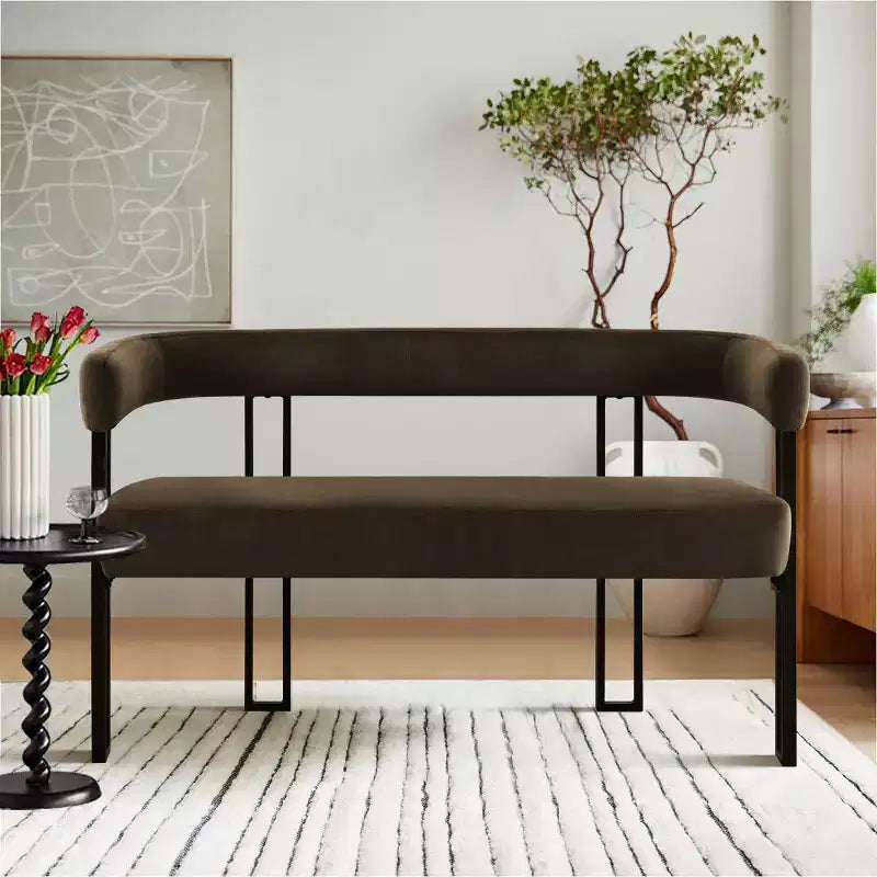 Banc moderne de 124 cm avec dossier et accoudoirs, banc de salle à manger élégant, causeuse avec cadre en métal, siège d'appoint pour salon
