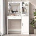 White Makeup Vanity Desk with Mirror and Lights, Cabinet and Shelf Storage, Open Shelves for Bedroom, Dimmable Lighting