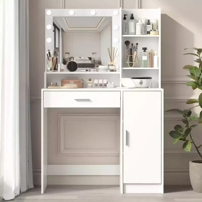 White Makeup Vanity Desk with Mirror and Lights, Cabinet and Shelf Storage, Open Shelves for Bedroom, Dimmable Lighting
