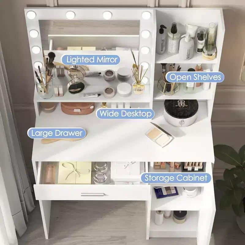 Coiffeuse blanche avec miroir et lumières, meuble de rangement et étagères, étagères ouvertes pour chambre à coucher, éclairage à intensité variable