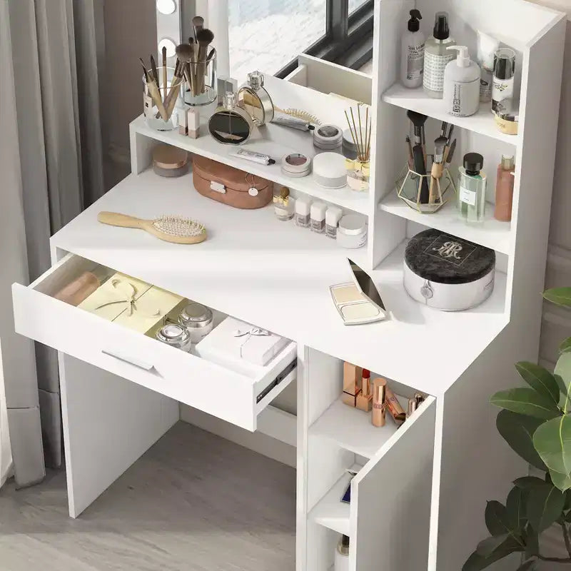 Coiffeuse blanche avec miroir et lumières, meuble de rangement et étagères, étagères ouvertes pour chambre à coucher, éclairage à intensité variable