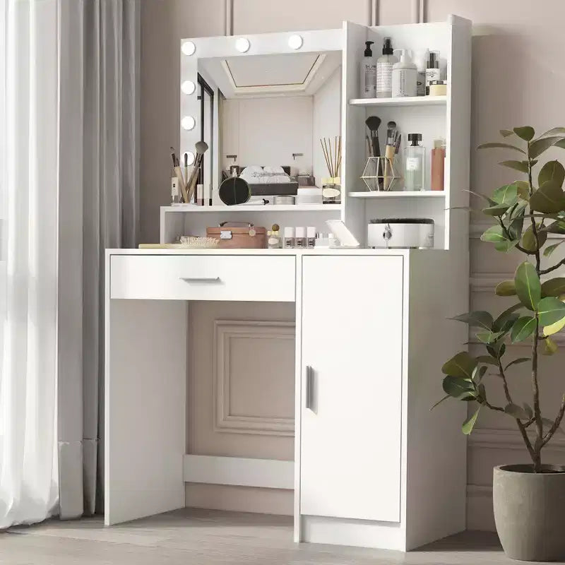 Coiffeuse blanche avec miroir et lumières, meuble de rangement et étagères, étagères ouvertes pour chambre à coucher, éclairage à intensité variable