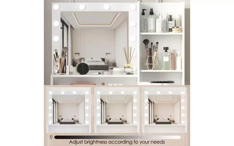 Coiffeuse blanche avec miroir et lumières, meuble de rangement et étagères, étagères ouvertes pour chambre à coucher, éclairage à intensité variable