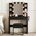 Modern Makeup Vanity Desk with Mirror and Lights, 2 Drawers, Charging Station with Type-C, Hair Dryer Holder, and Matching Stool for Small Spaces