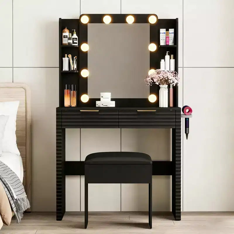 Modern Makeup Vanity Desk with Mirror and Lights, 2 Drawers, Charging Station with Type-C, Hair Dryer Holder, and Matching Stool for Small Spaces