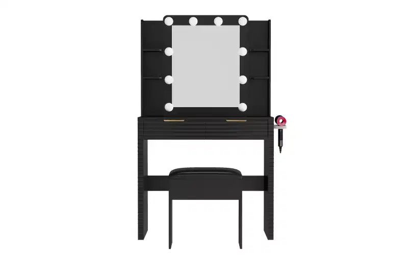 Coiffeuse moderne avec miroir et lumières, 2 tiroirs, station de charge avec Type-C, support pour sèche-cheveux et tabouret assorti pour petits espaces