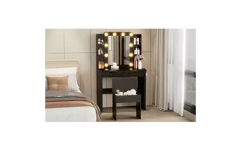 Coiffeuse moderne avec miroir et lumières, 2 tiroirs, station de charge avec Type-C, support pour sèche-cheveux et tabouret assorti pour petits espaces