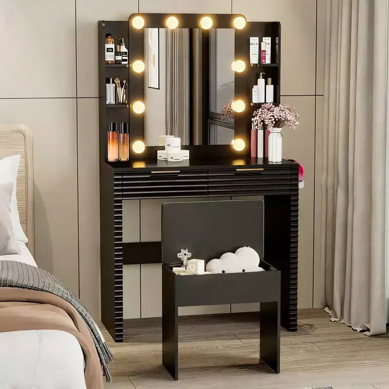 Coiffeuse moderne avec miroir et lumières, 2 tiroirs, station de charge avec Type-C, support pour sèche-cheveux et tabouret assorti pour petits espaces