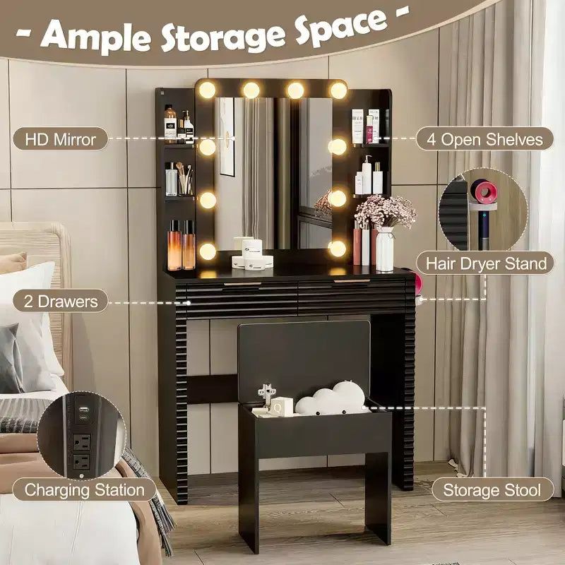 Coiffeuse moderne avec miroir et lumières, 2 tiroirs, station de charge avec Type-C, support pour sèche-cheveux et tabouret assorti pour petits espaces