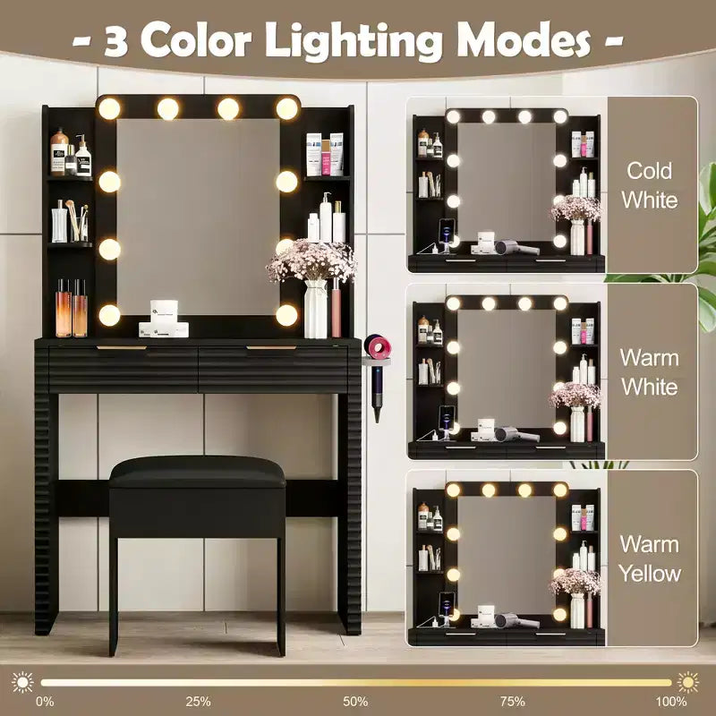 Coiffeuse moderne avec miroir et lumières, 2 tiroirs, station de charge avec Type-C, support pour sèche-cheveux et tabouret assorti pour petits espaces