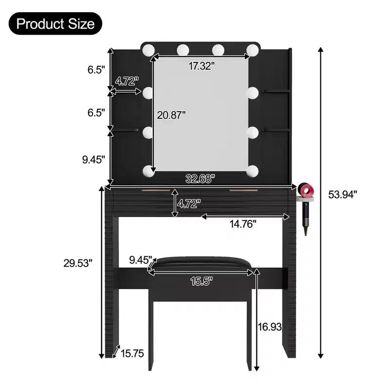 Coiffeuse moderne avec miroir et lumières, 2 tiroirs, station de charge avec Type-C, support pour sèche-cheveux et tabouret assorti pour petits espaces
