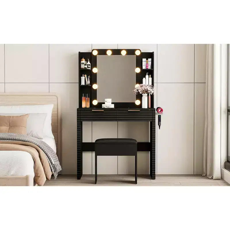 Coiffeuse moderne avec miroir et lumières, 2 tiroirs, station de charge avec Type-C, support pour sèche-cheveux et tabouret assorti pour petits espaces