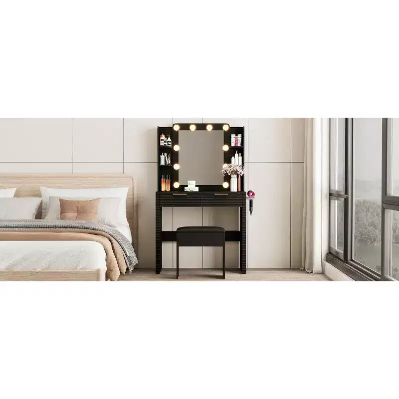 Coiffeuse moderne avec miroir et lumières, 2 tiroirs, station de charge avec Type-C, support pour sèche-cheveux et tabouret assorti pour petits espaces