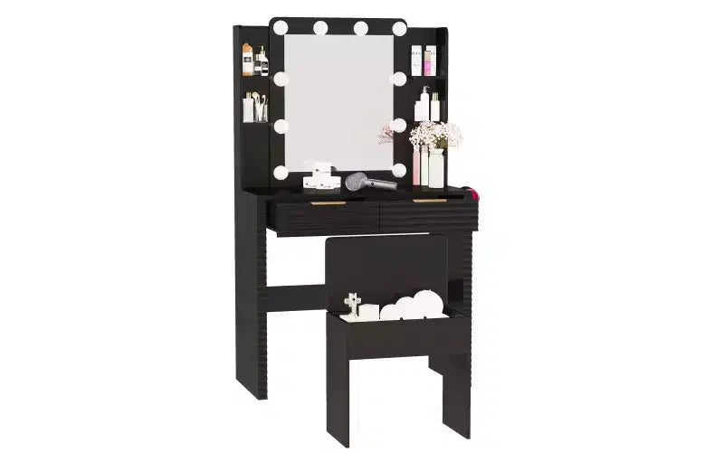 Coiffeuse moderne avec miroir et lumières, 2 tiroirs, station de charge avec Type-C, support pour sèche-cheveux et tabouret assorti pour petits espaces